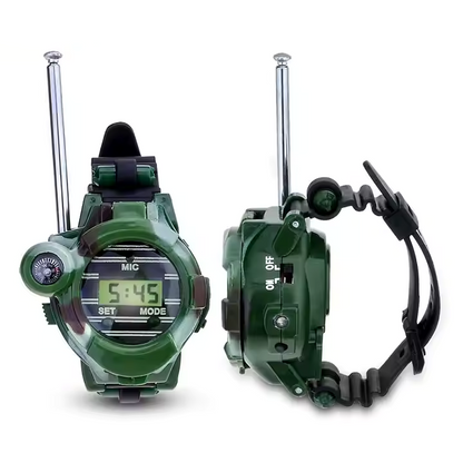 Unisex camouflage walkie talkie watch with survival features for children's outdoor adventures.