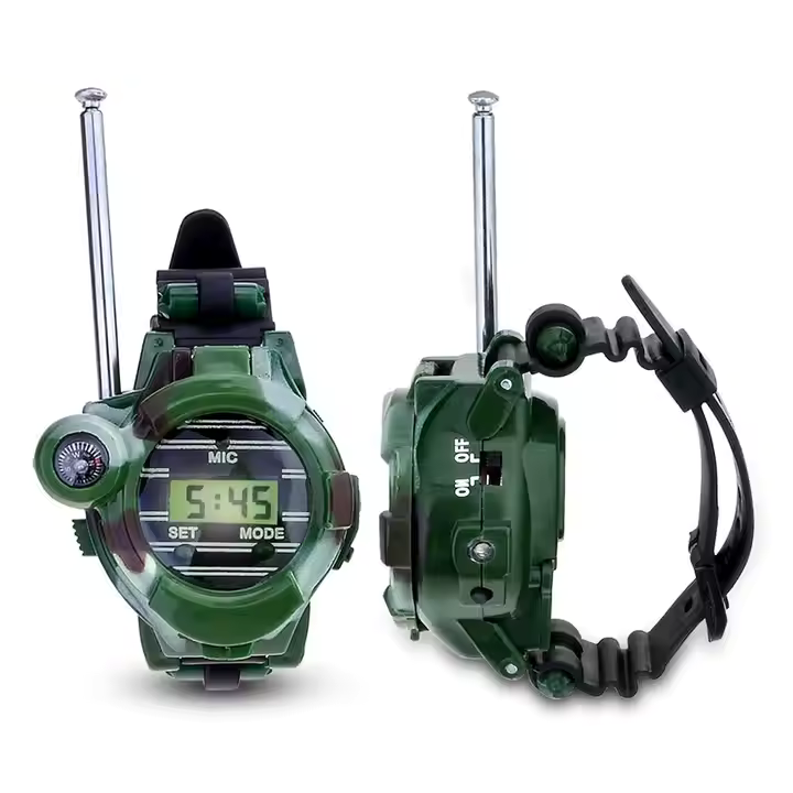 Unisex camouflage walkie talkie watch with survival features for children's outdoor adventures.