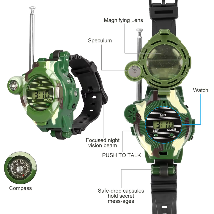 Close-up of kids 7-in-1 camouflage walkie talkie watch, a fun survival gadget and toy.