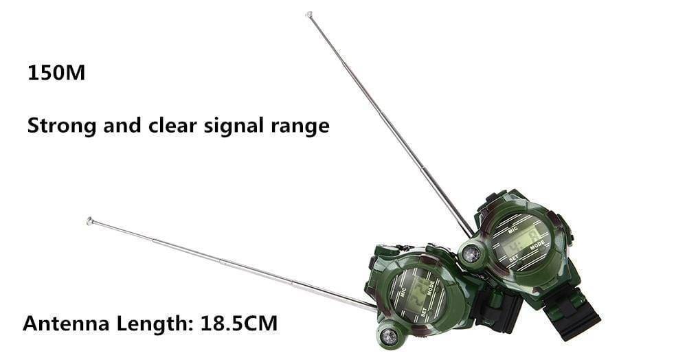 Detail of kids camouflage watch displaying walkie talkie and 7-in-1 survival tool functions.