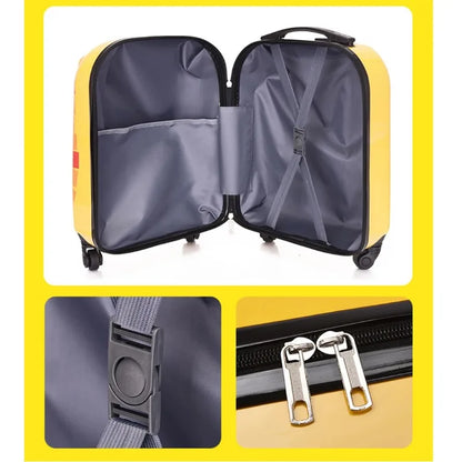 Durable hardshell children's suitcase featuring a fun cartoon animal & multi-directional spinner wheels.