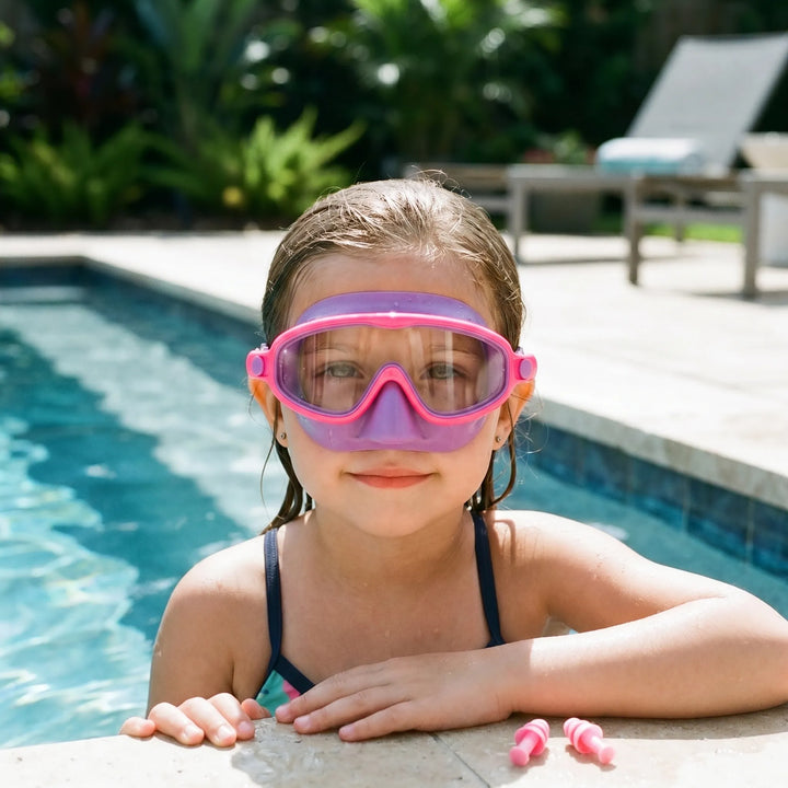 Kids' comfortable swim mask with integrated nose cover for fun water activities and pool essentials.