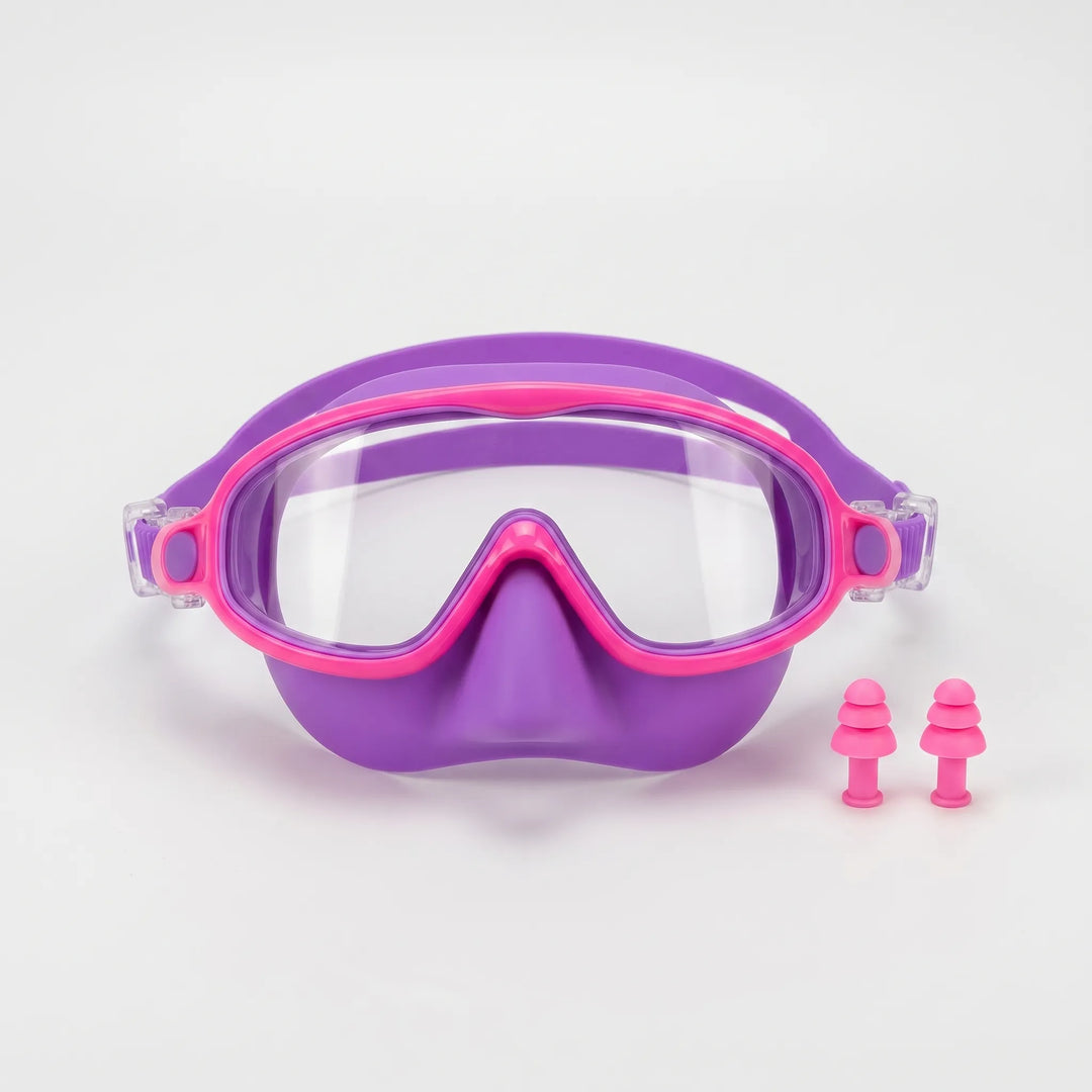 Comfortable kids' swim mask featuring soft silicone nose cover, adjustable strap, and wide view lens.