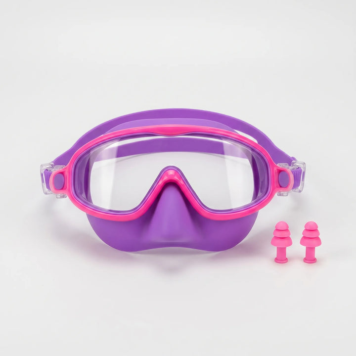Comfortable kids' swim mask featuring soft silicone nose cover, adjustable strap, and wide view lens.
