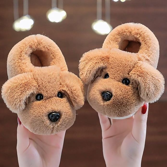 Kids' cozy puppy slippers with non-slip sole, perfect for warm and safe indoor play during autumn/winter.