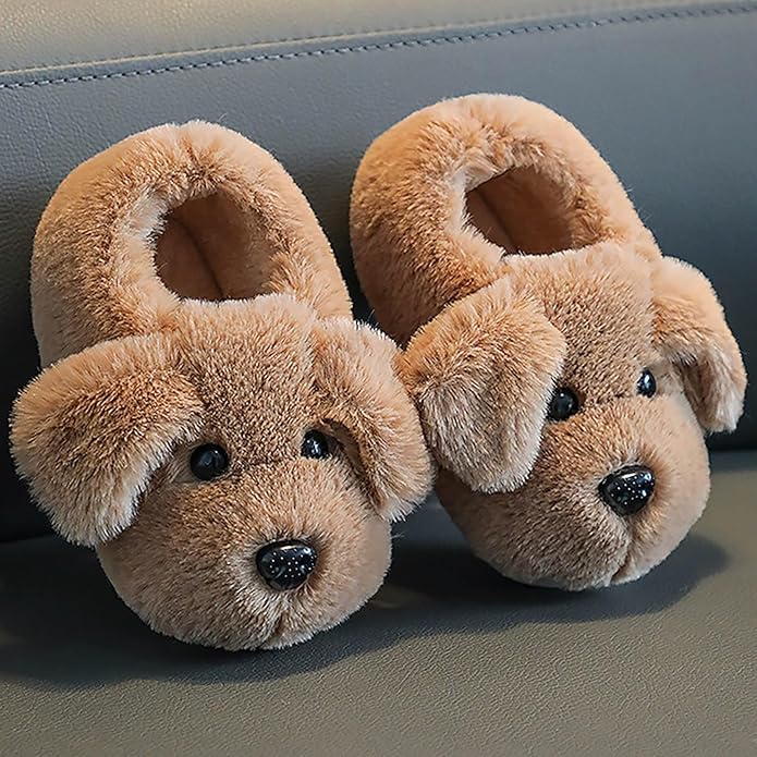 Close-up of soft brown puppy slippers for children, featuring a non-slip grip sole for extra safety.