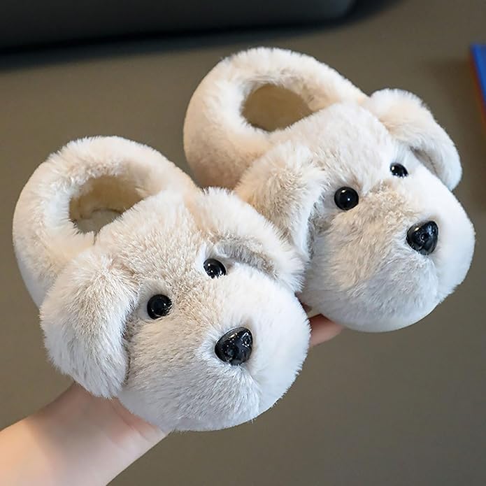 Plush animal puppy slippers for kids, offering ultimate warmth and a secure non-slip bottom for chilly days.