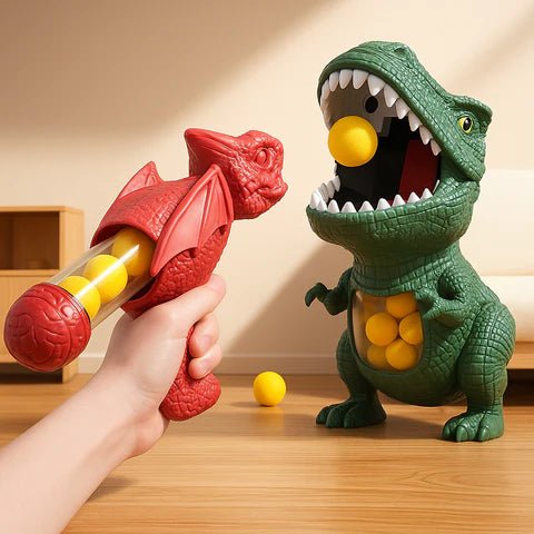 Kids' dinosaur blaster shooting game with soft foam balls & target for active indoor/outdoor play.