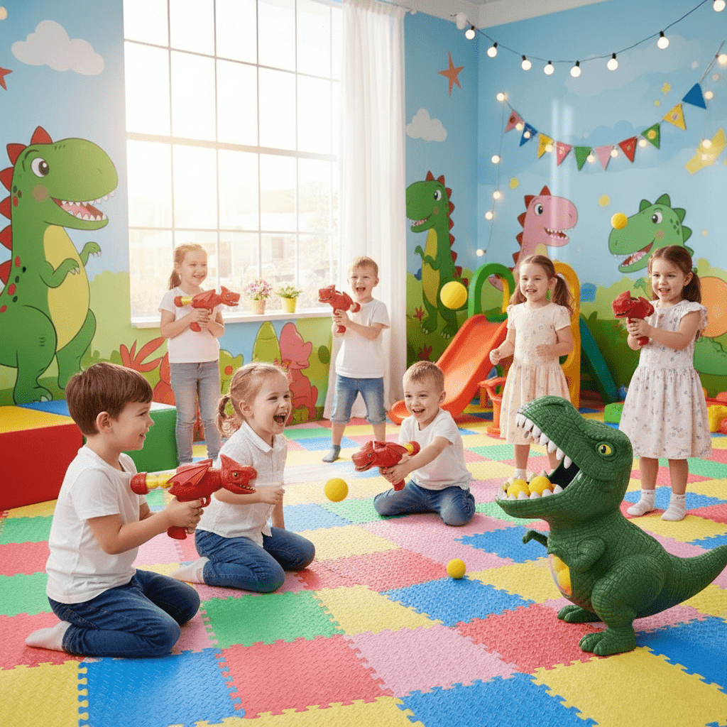 Close-up of the fun dinosaur target for kids' foam blaster shooting game, promoting hand-eye coordination.