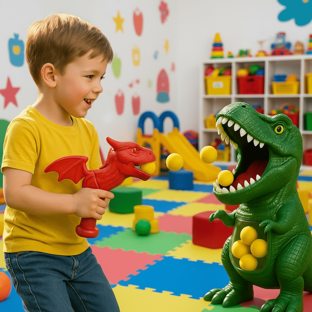 Toy foam blaster with soft foam balls, part of a dinosaur shooting game for safe kids' active play.