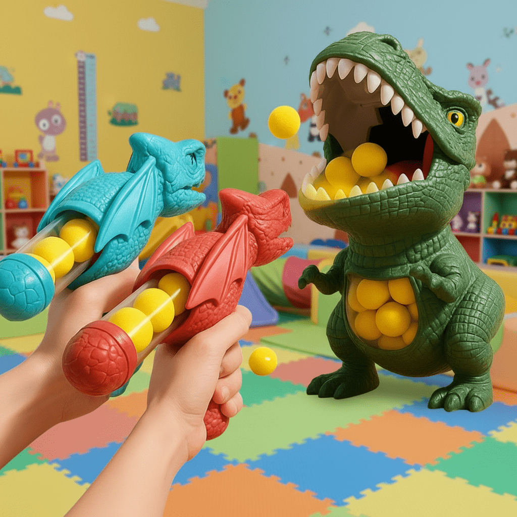 Complete kids' dinosaur shooting game set: foam blaster, soft balls, and target for engaging active play.