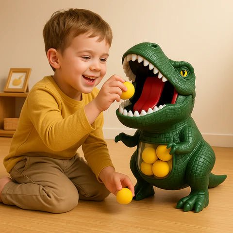Soft foam balls and blaster gun for kids' dinosaur shooting game, ensuring safe target practice and fun.