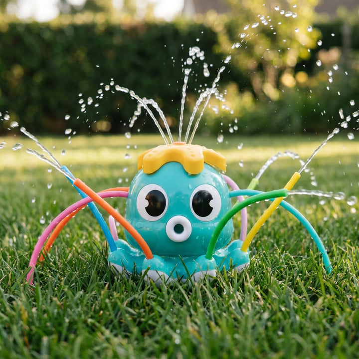 Kids' dynamic octopus water sprinkler for outdoor summer fun in the backyard, spraying water for children to play.