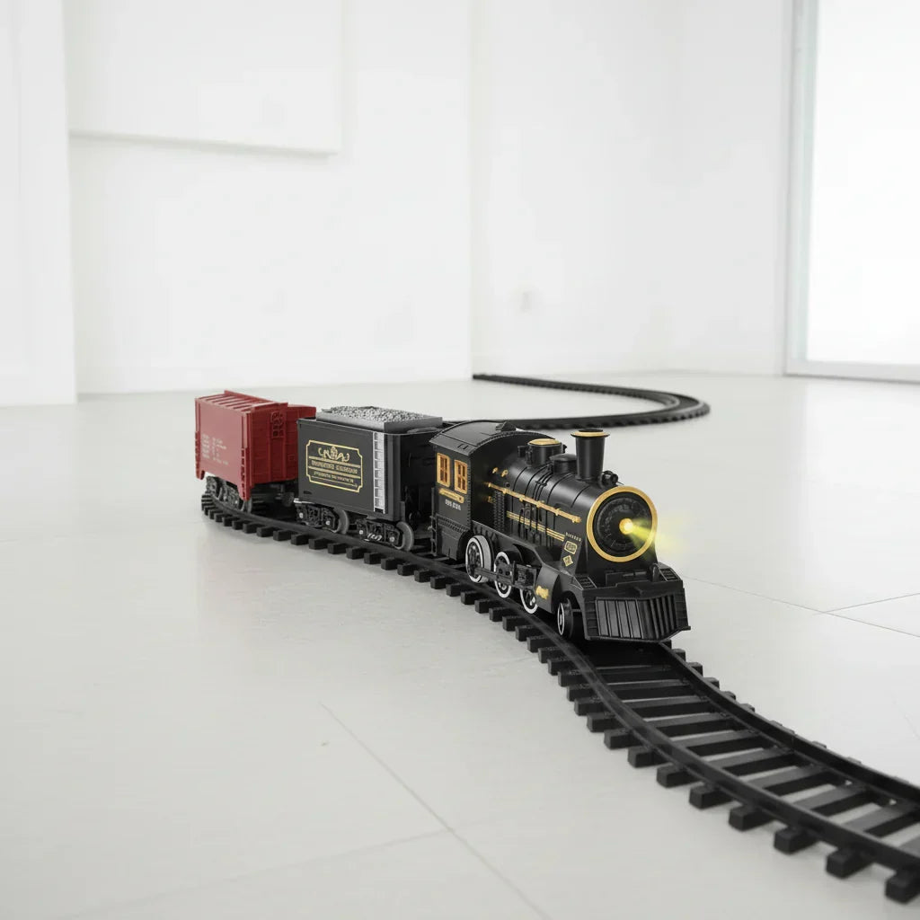 Kids' electric Christmas train set with flexible tracks, perfect holiday decor & children's toy gift.