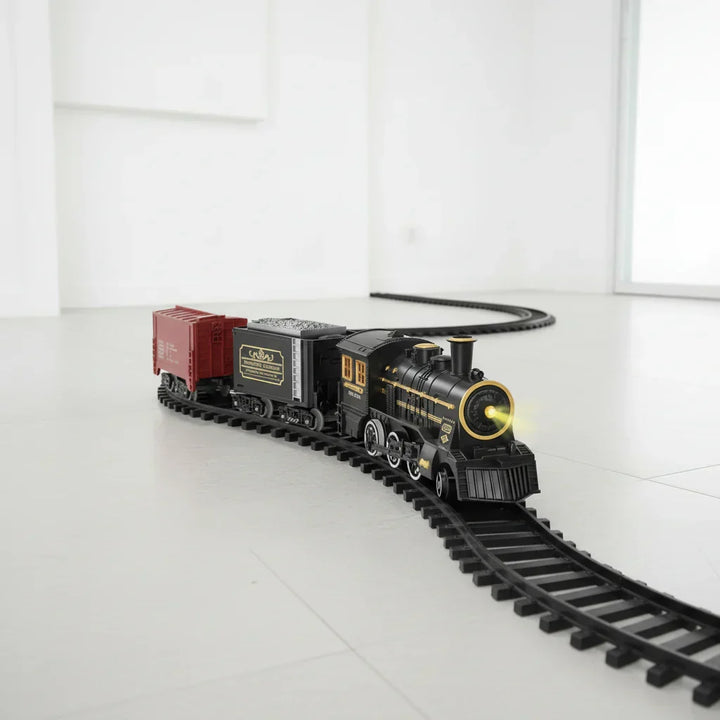Kids' electric Christmas train set with flexible tracks, perfect holiday decor & children's toy gift.