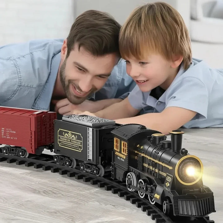 Festive electric toy train set for kids, featuring a classic Christmas engine & flexible plastic tracks.