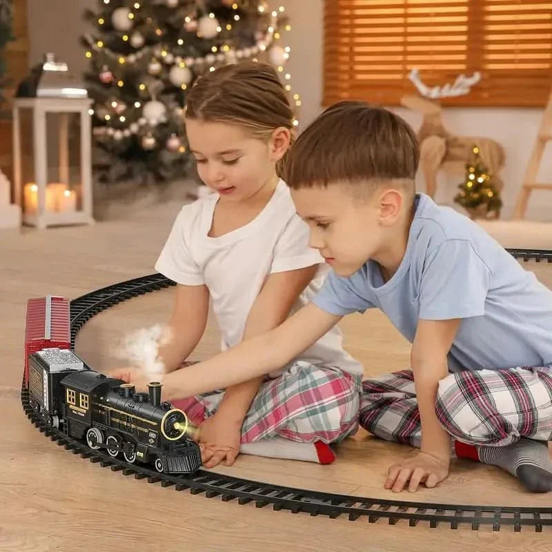 Children's electric Christmas train set, ideal for holiday decor & fun playtime with flexible track layout.