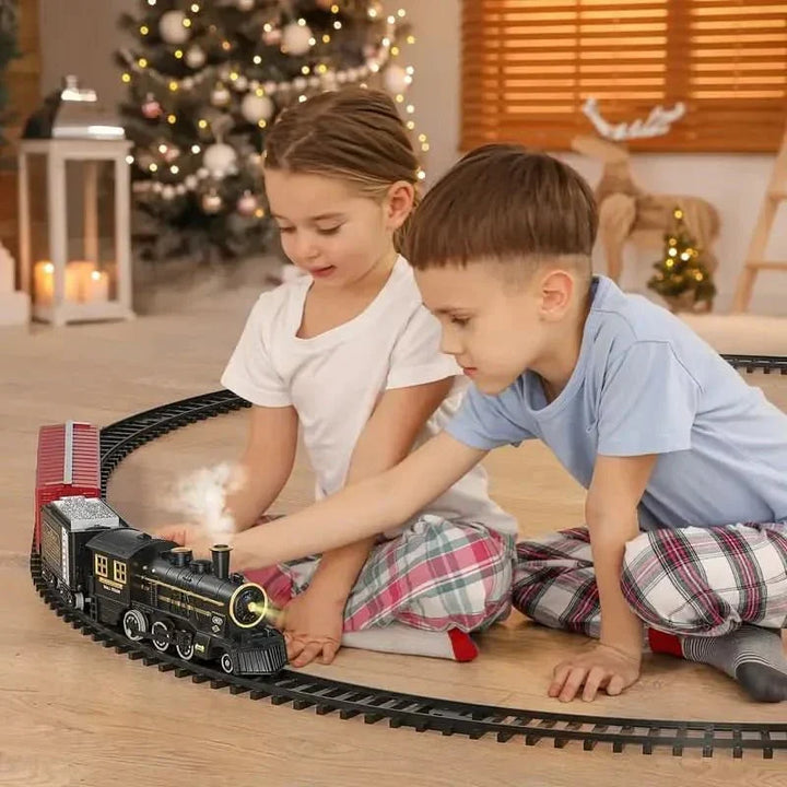 Children's electric Christmas train set, ideal for holiday decor & fun playtime with flexible track layout.