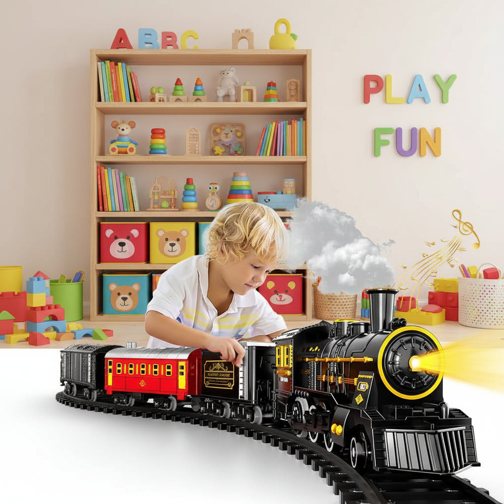 Plastic electric toy train set for kids, a festive Christmas gift with flexible tracks for seasonal decor.