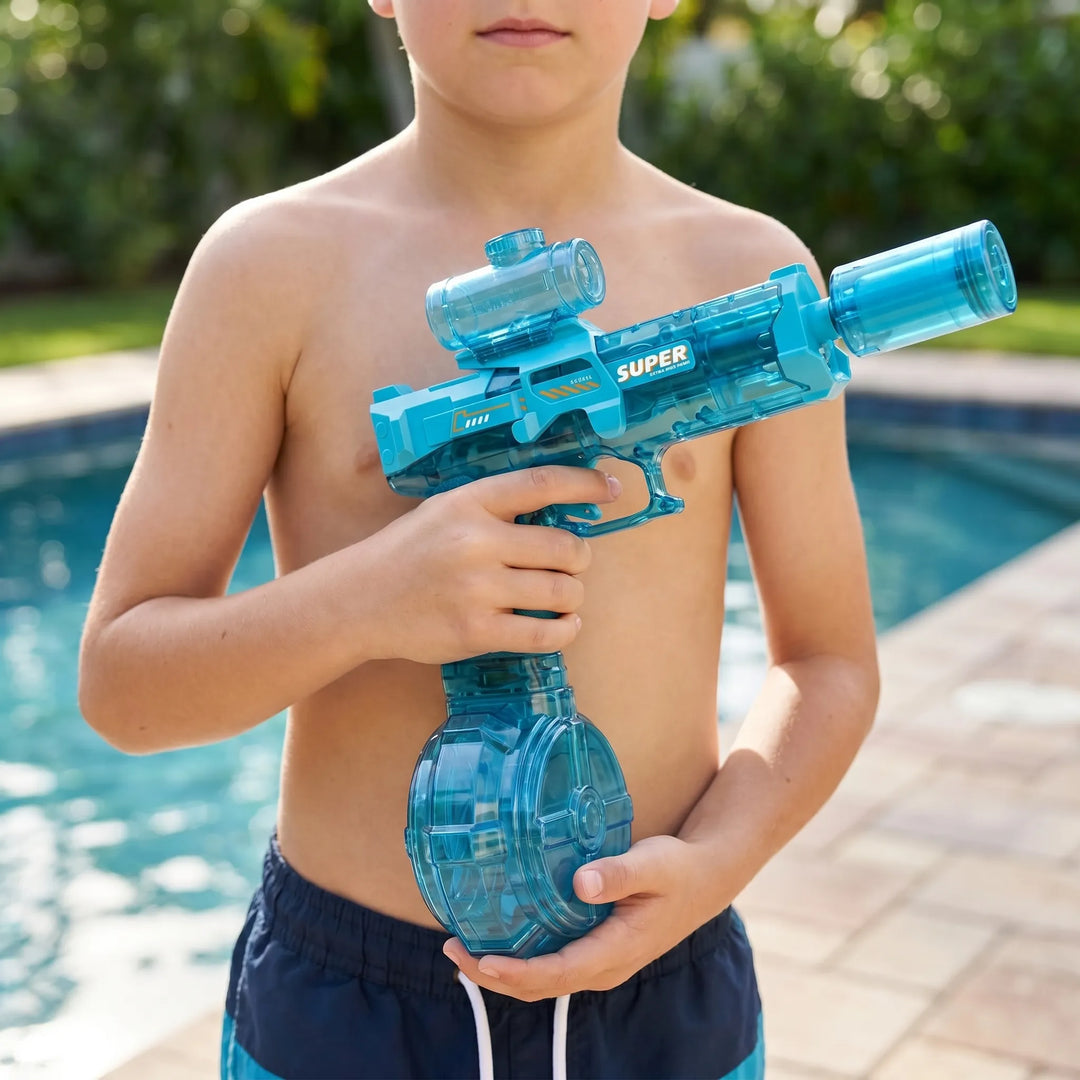 Kids' electric light-up water gun for summer outdoor play. Automatic blaster for pool parties & beach fun.