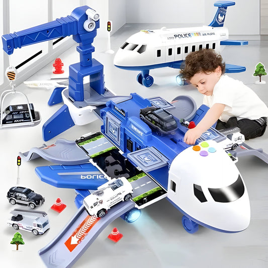 Kids' Emergency Rescue Airplane Toy Set with flashing lights, siren sounds & friction power for pretend play.