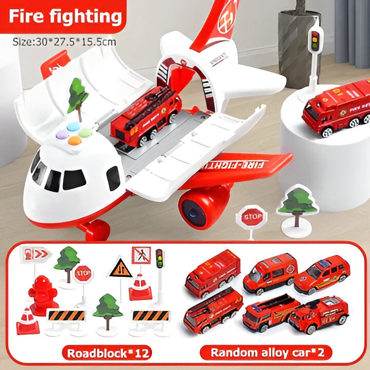 Educational kids' friction power airplane toy, part of an emergency services rescue play vehicle set.