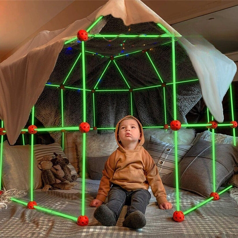 Kids' fort building set with colorful poles, connectors & tent cover for indoor creative play.