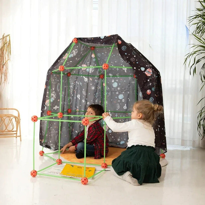 Educational fort building kit for kids with sturdy rods & spherical connectors, creating a fun play tent.