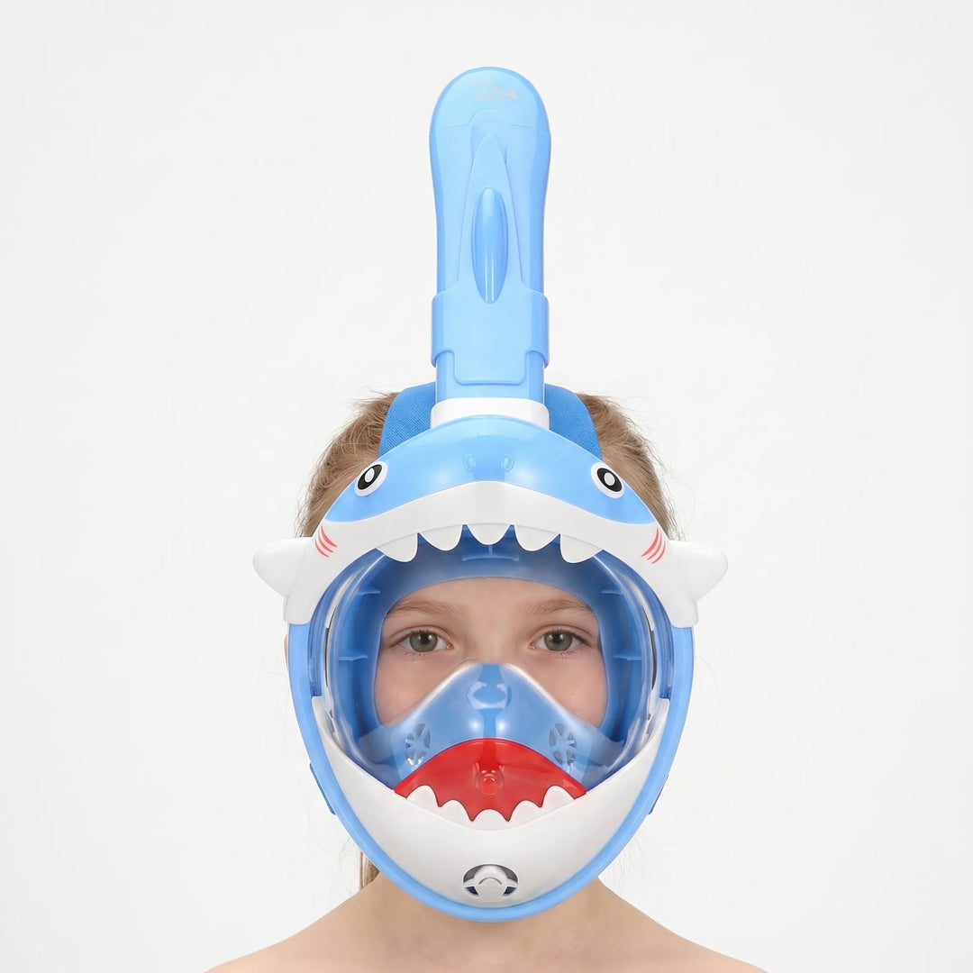 Child's full face shark snorkel mask for easy breathing & clear underwater views for water sports.
