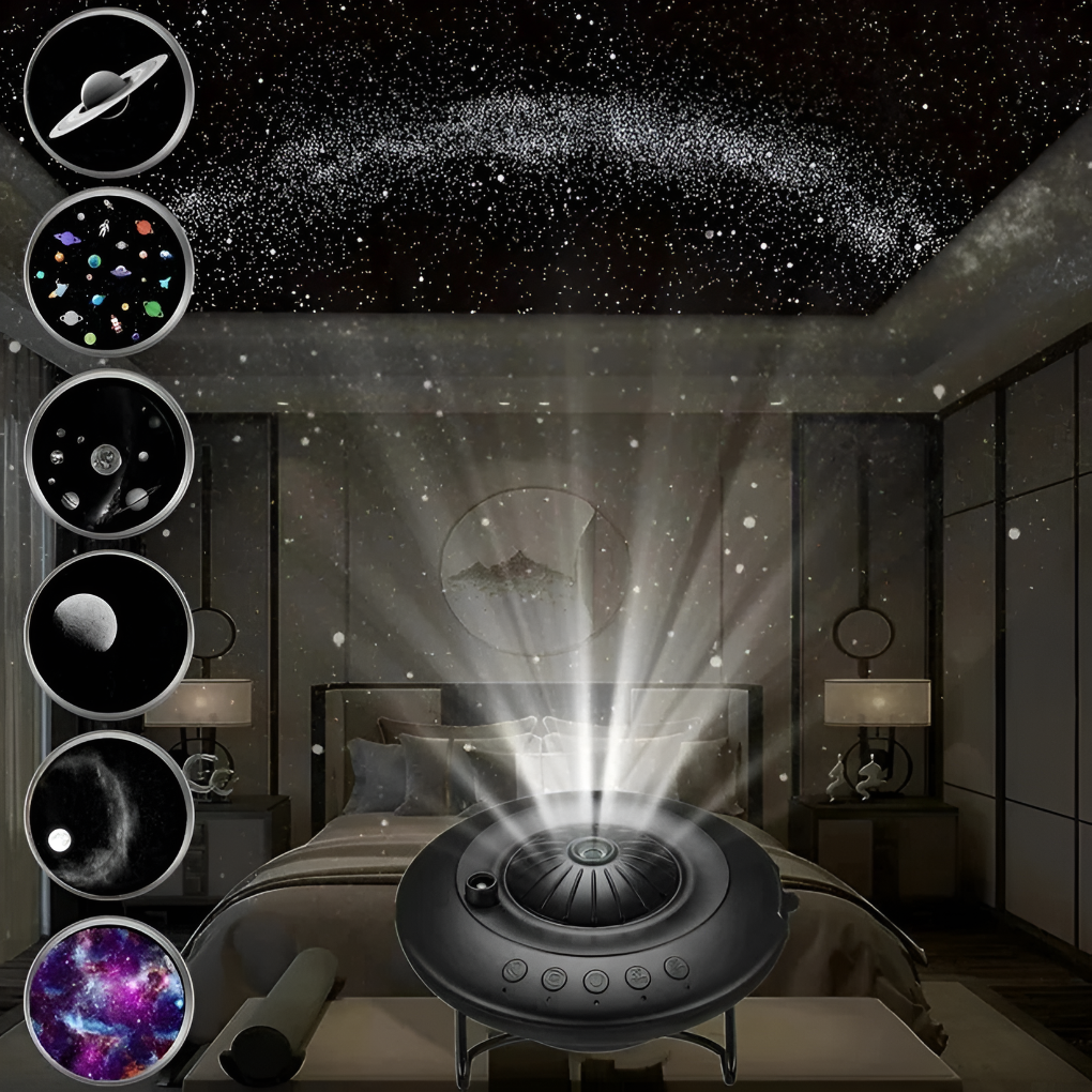 LED galaxy star projector for kids, casting dynamic celestial and planetarium scenes on walls/ceiling.