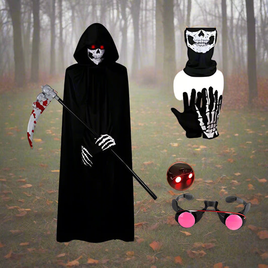Kids Grim Reaper Halloween costume with hooded robe, skeleton gloves, and scary scythe for trick-or-treating.