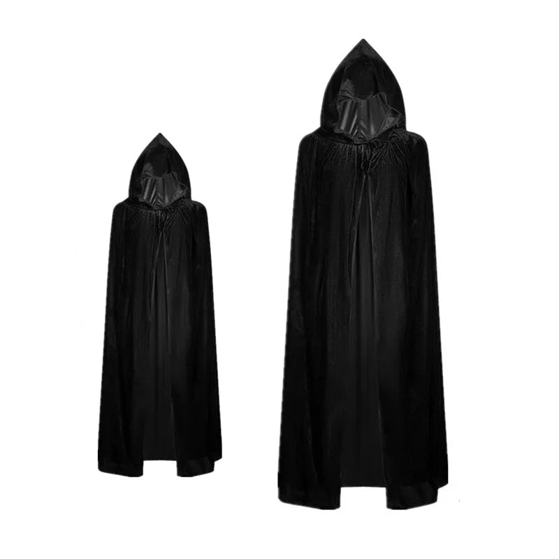 Spooky kids Grim Reaper costume featuring a long black robe, skeleton gloves, and a toy scythe prop.
