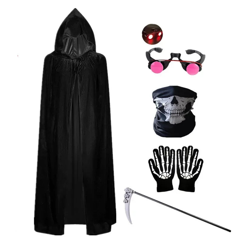Kids Grim Reaper spooky costume with a dark hooded robe, menacing glowing eyes, skeleton gloves, and scythe.
