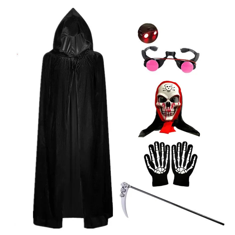 Creepy Grim Reaper costume for kids, featuring a hooded black robe, matching skeleton gloves, and scythe prop.