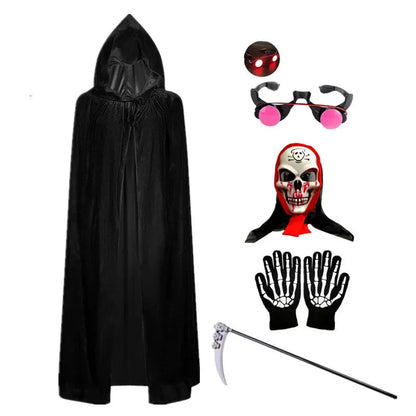 Creepy Grim Reaper costume for kids, featuring a hooded black robe, matching skeleton gloves, and scythe prop.