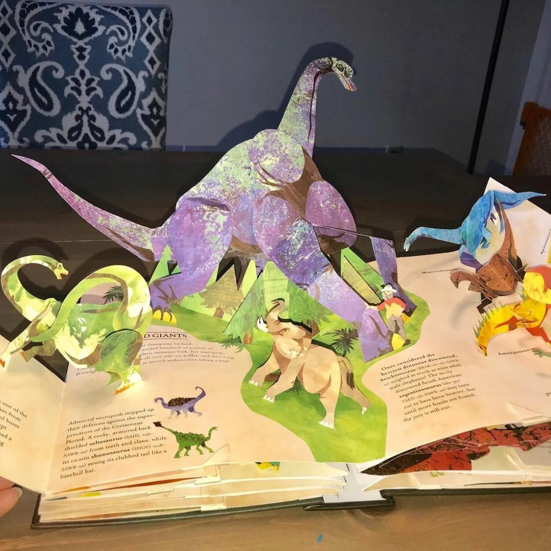 Close-up of a vibrant 3D T-Rex popping out from an educational kids' dinosaur book. Interactive learning fun.