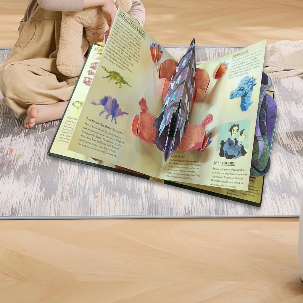Child delightedly opening an interactive 3D dinosaur pop-up book, bringing prehistoric creatures to life. Fun STEM toy.