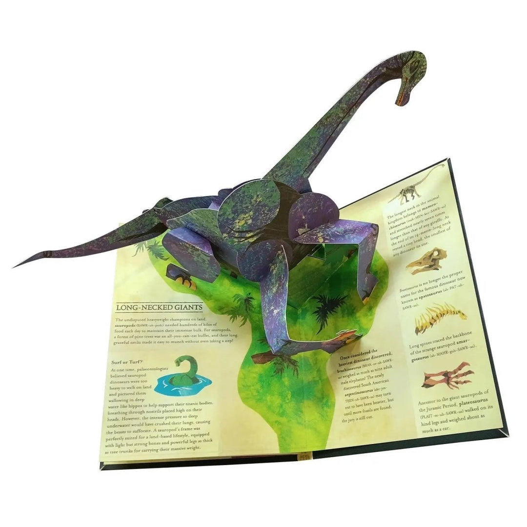 Vivid 3D dinosaur illustrations erupting from an educational pop-up book, making learning prehistoric facts exciting for kids.