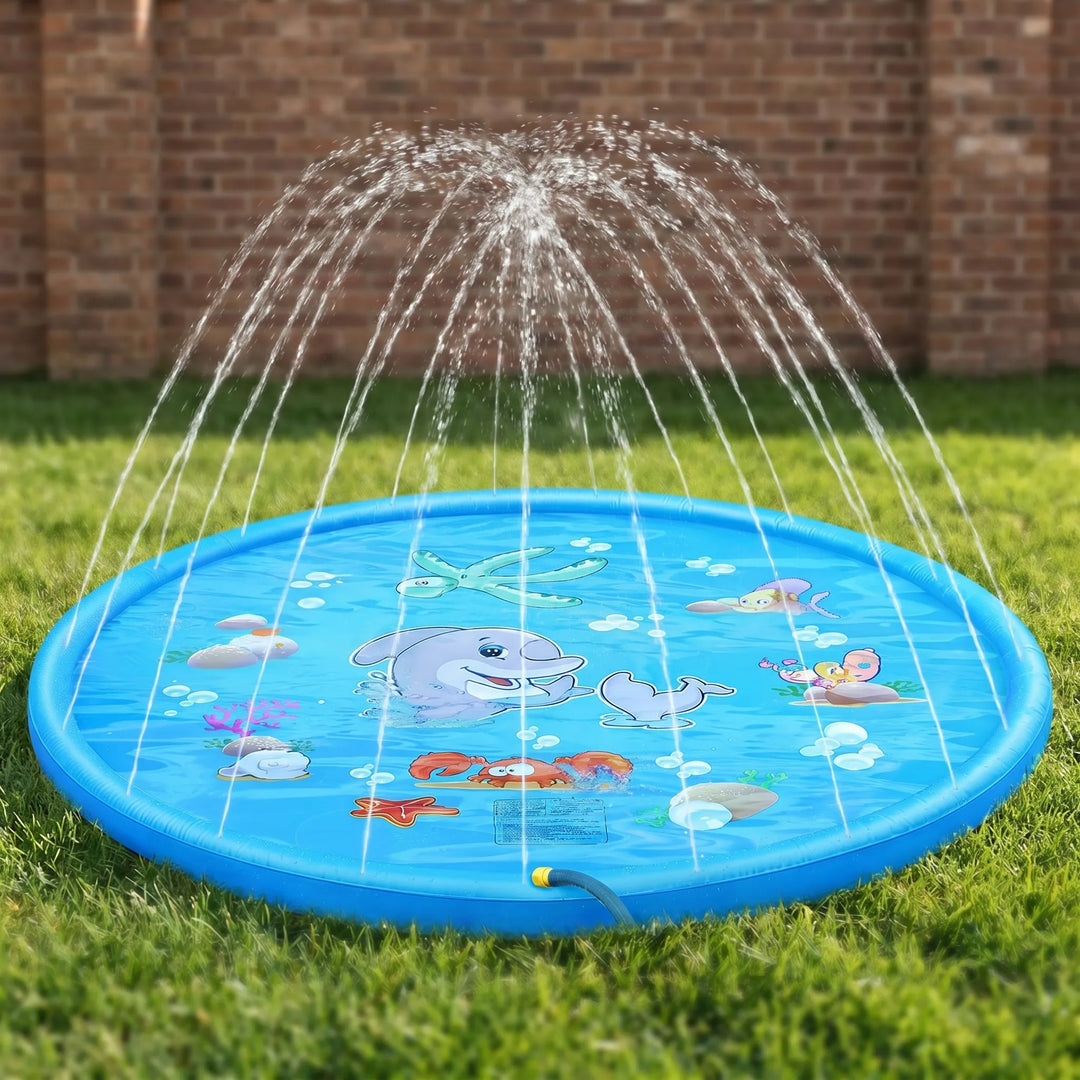 Kids' inflatable sprinkler play mat, perfect for backyard water fun and summer activities for children.