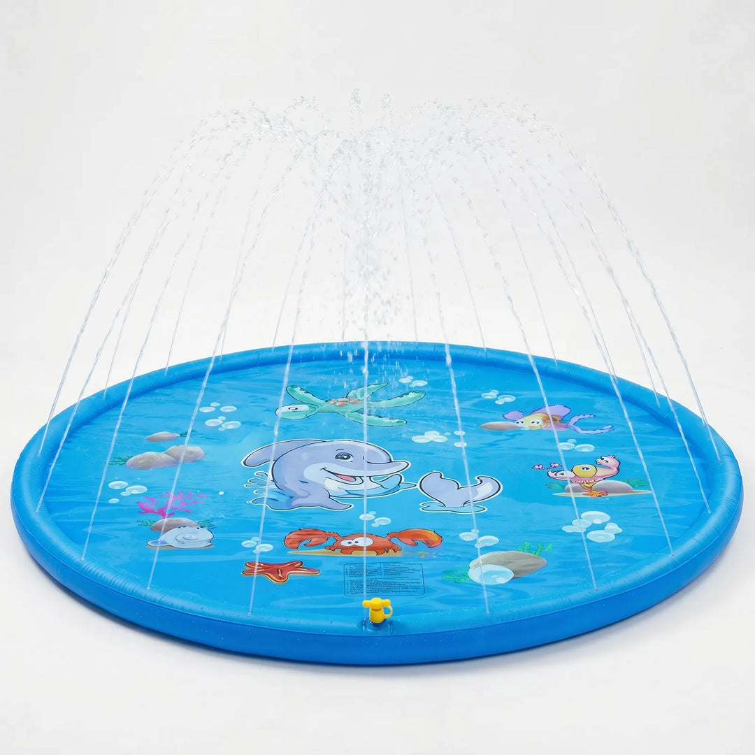 Vibrant inflatable playmat with integrated sprinklers, offering cool outdoor waterplay for kids in the backyard.