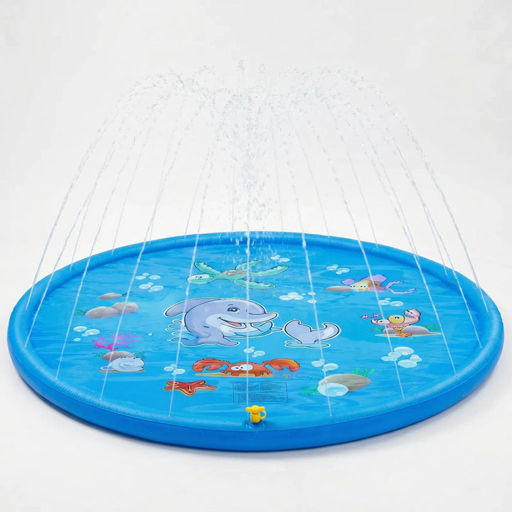 Vibrant inflatable playmat with integrated sprinklers, offering cool outdoor waterplay for kids in the backyard.