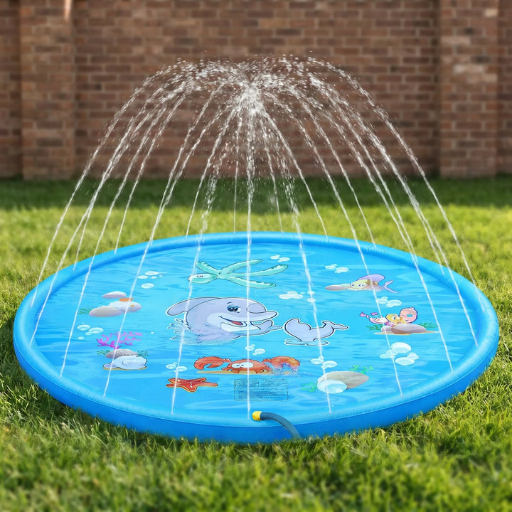 Children's outdoor sprinkler playmat, an inflatable water toy for backyard fun & splash activities for kids.