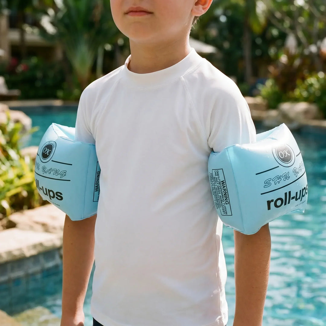 Kids' inflatable swim armbands for water safety, perfect for beginner swimmers & toddlers in pools.