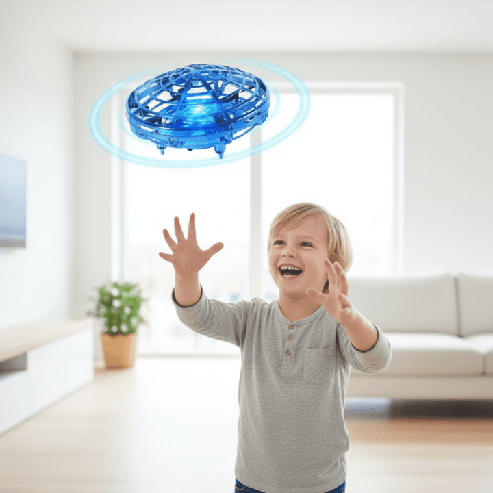 Kids' interactive UFO drone toy with hand control & LED lights, perfect for indoor & outdoor flying fun.