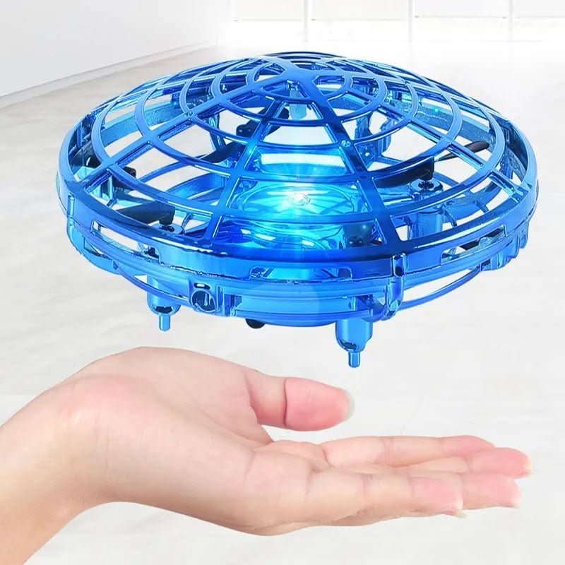 USB rechargeable UFO drone for kids, hand-controlled flying toy with bright LED lights, great for sensory play.