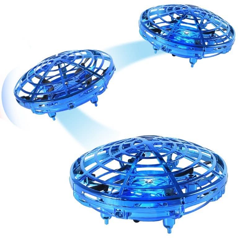 Child's round UFO drone toy, rechargeable, flies with hand gestures, illuminates with colorful LED lights.