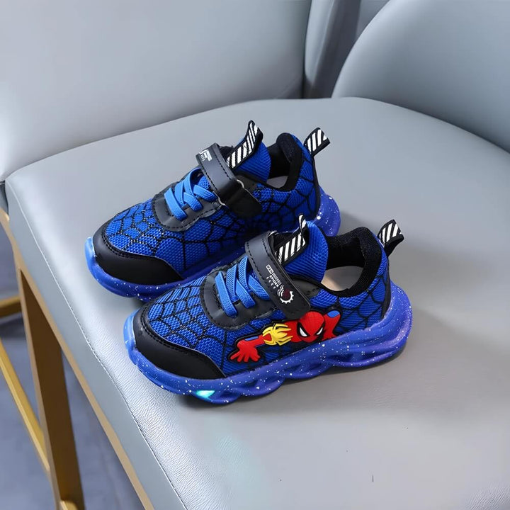 Red, black & blue LED light-up sneakers for kids. Velcro closure makes them ideal active shoes for boys & girls.