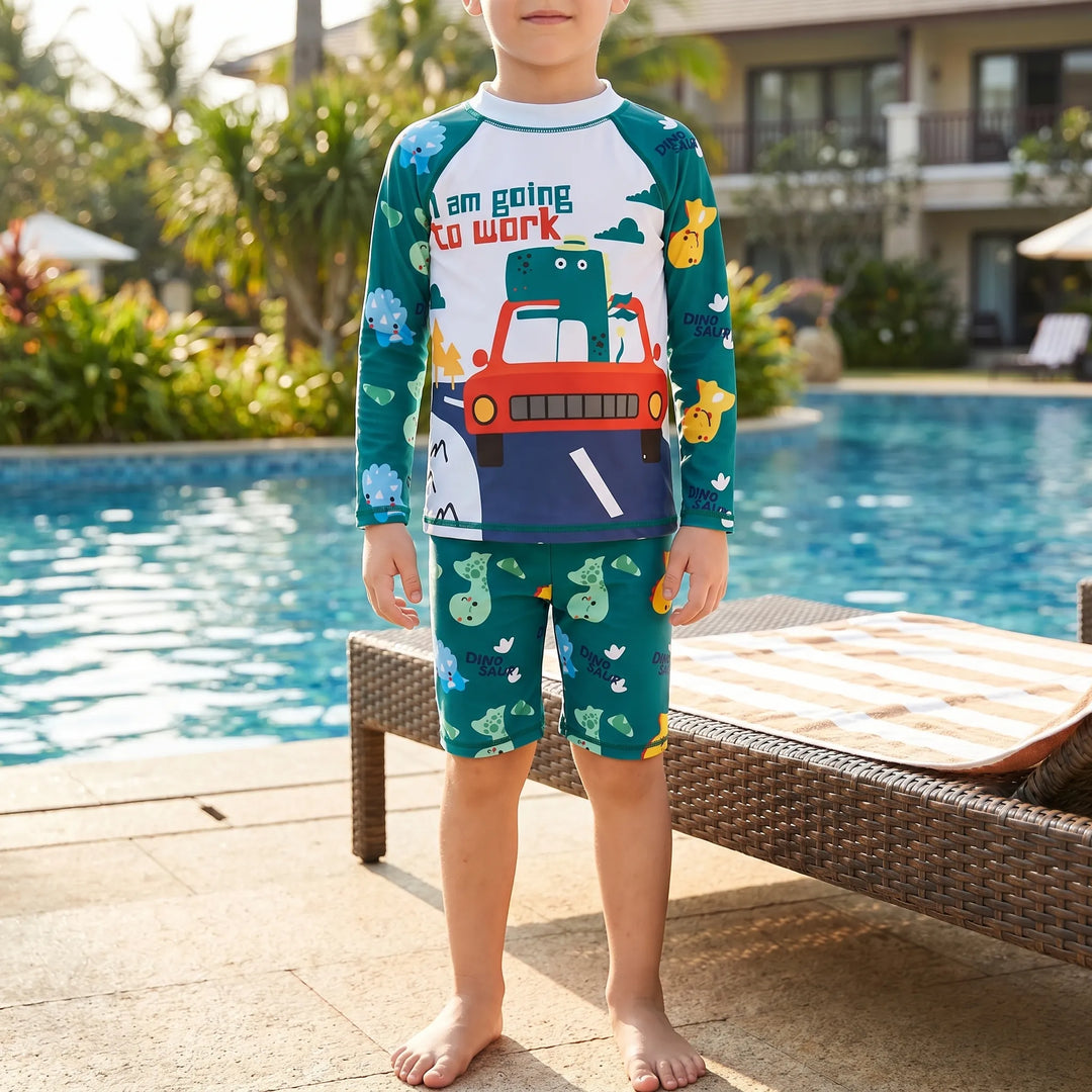 Kids' long sleeve rash guard set with UPF 50+ sun protection, ideal children's swimwear for beach & pool.