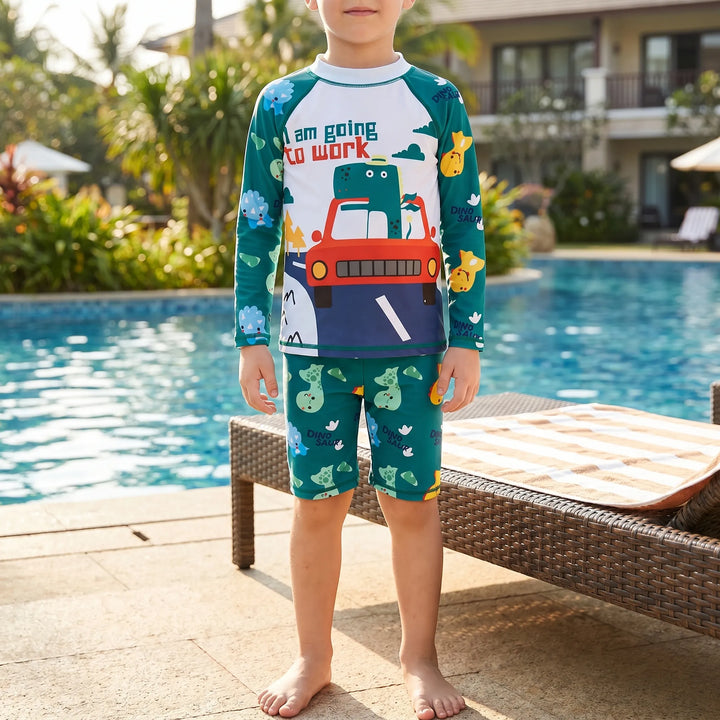 Kids' long sleeve rash guard set with UPF 50+ sun protection, ideal children's swimwear for beach & pool.