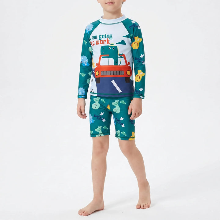 Two-piece long sleeve rash guard swimsuit set for kids, offering excellent sun protection for boys & girls.